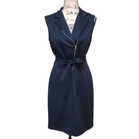 💙 EN FOCUS STUDIO Sleeveless Belted Moto Sheath Navy Blue Dress SIZE 8 - Picture 4 of 10